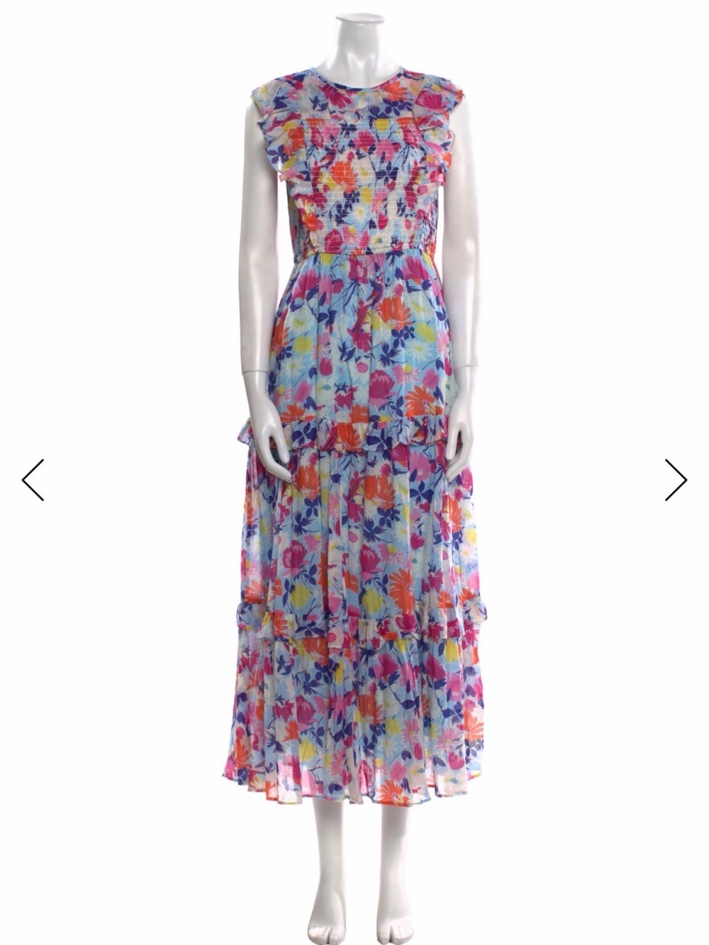 Banjanan Floral Ruffle Tiered Maxi Dress in Blue, Pink, Orange, Yellow
